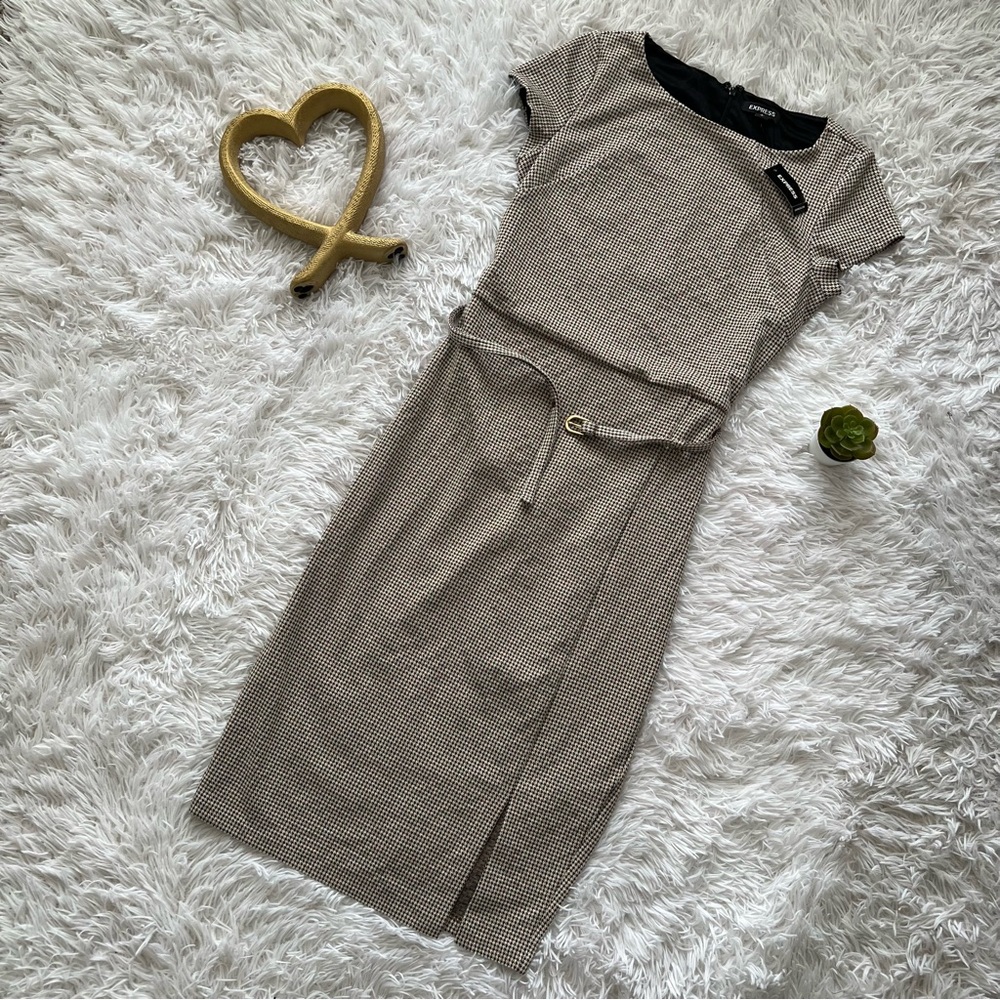 NWT Express Tan Sheath Midi Dress Crew Neck Short Sleeve